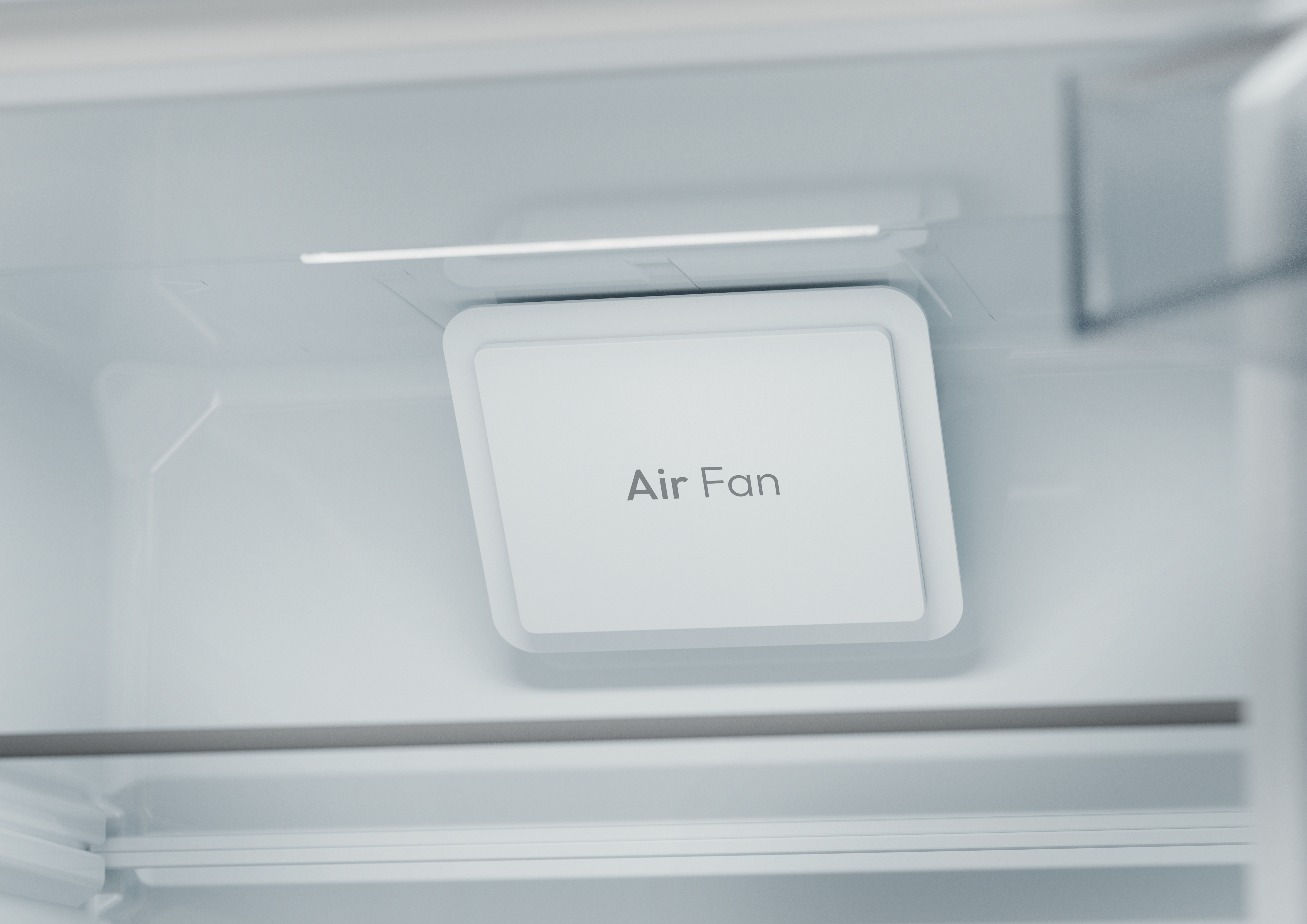 Widok wnętrza lodówki. 'Air Fan' napisane na białym kwadracie.