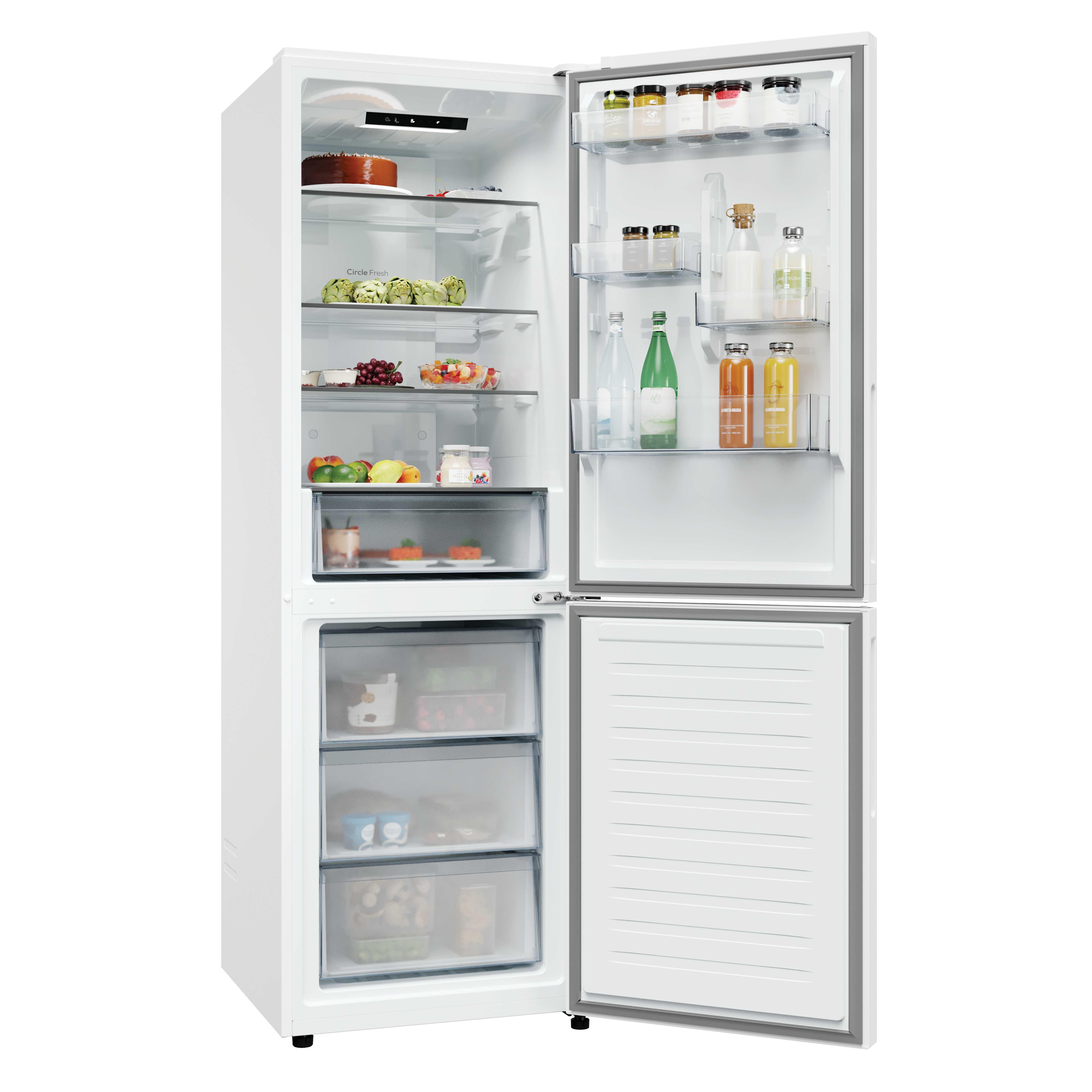 Frigorífico blanco, puertas abiertas, lleno de alimentos y estantes. El interior está bien organizado.