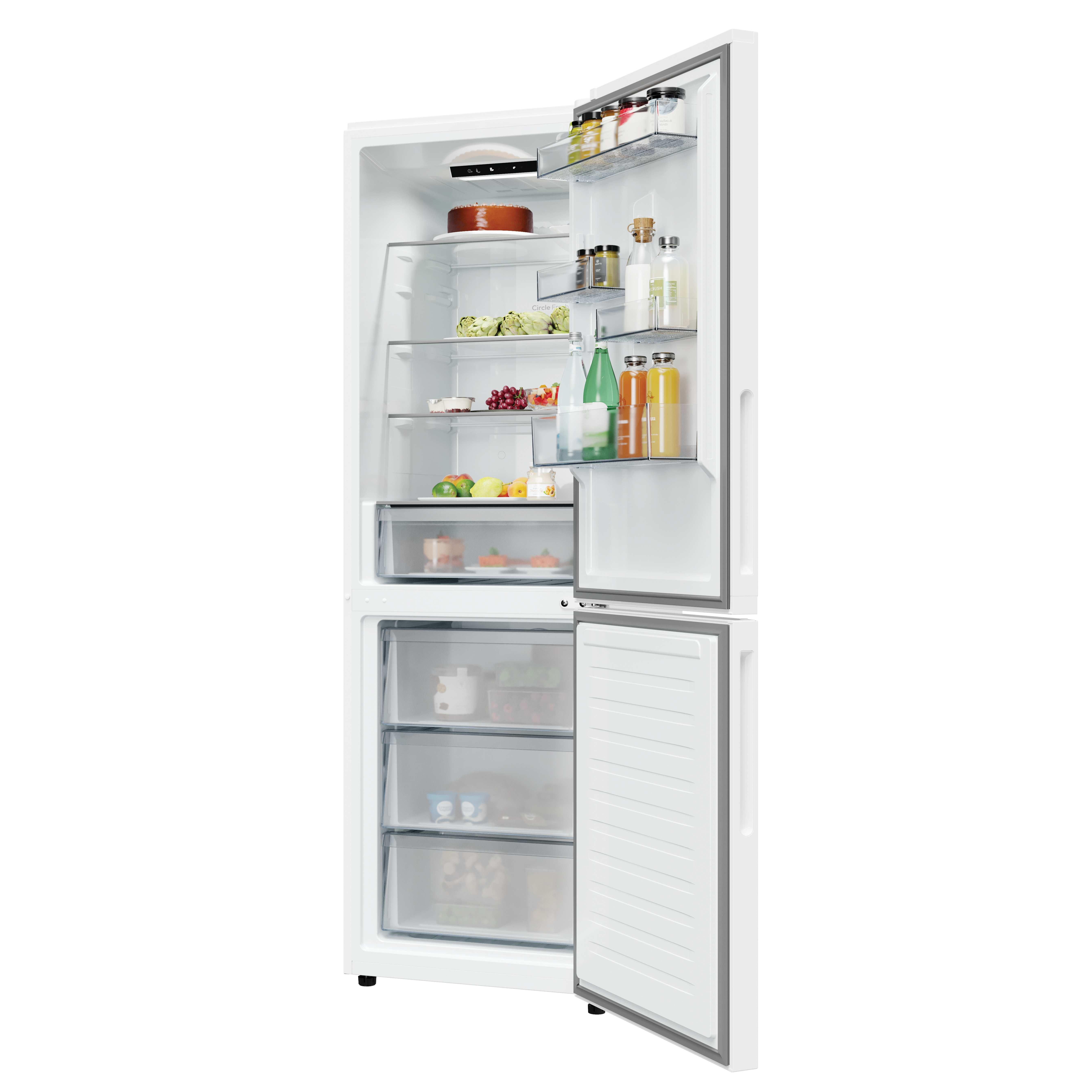 Refrigerador blanco abierto con comida dentro, puerta abierta.