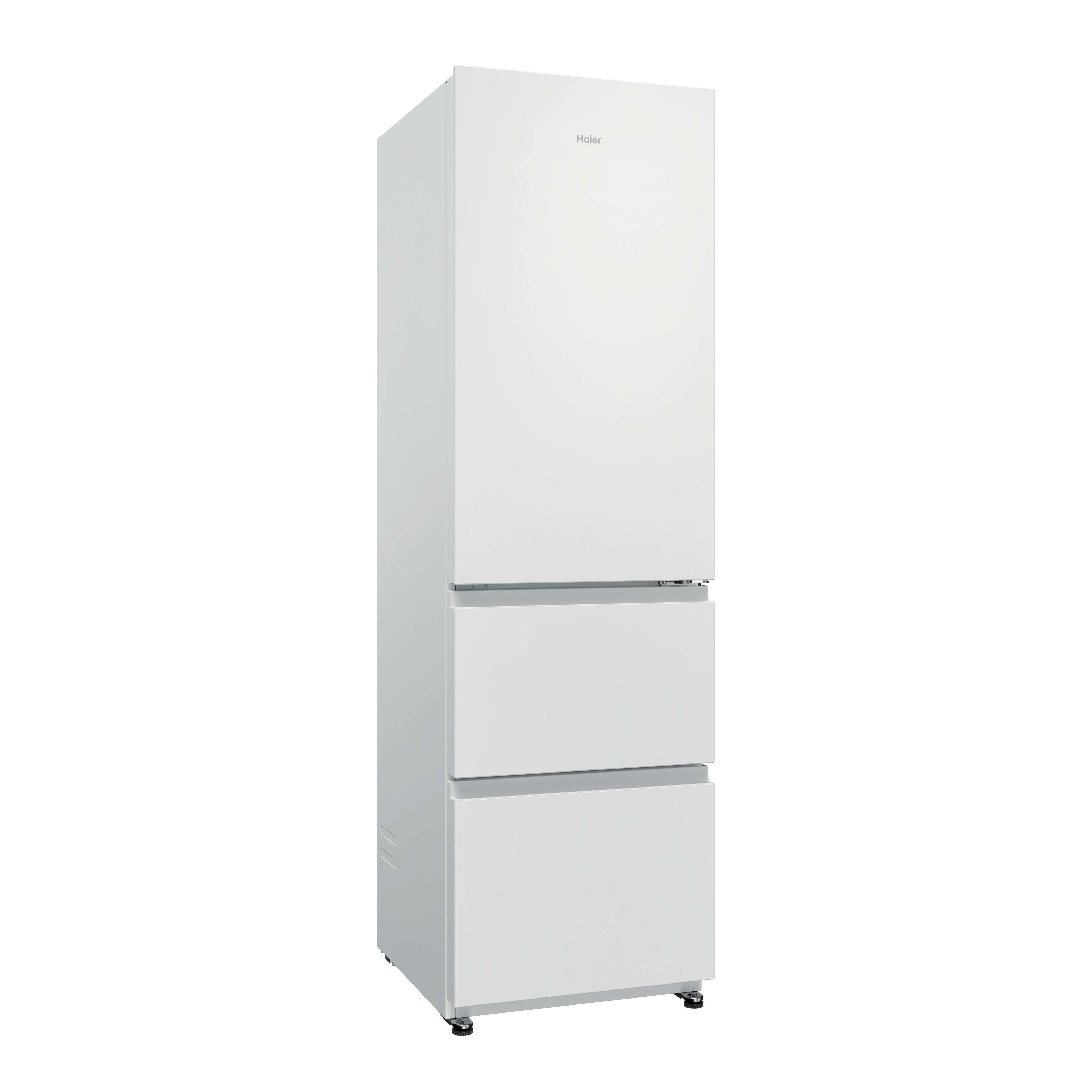 Refrigerador Haier blanco con dos cajones de congelador abajo, sobre un fondo blanco.