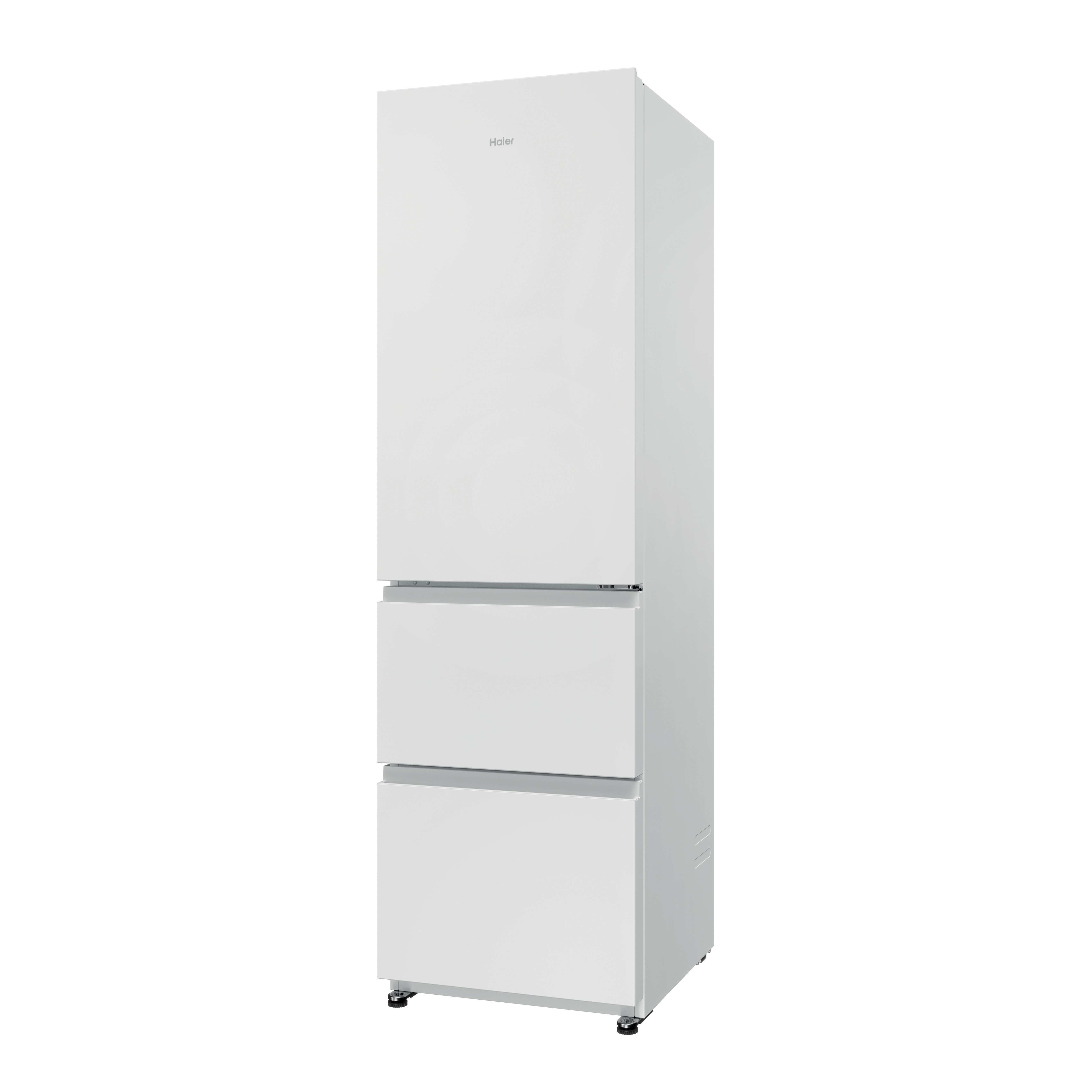 Refrigerador Haier blanco, dos cajones congelador, diseño alto de una puerta. Aislado en blanco.
