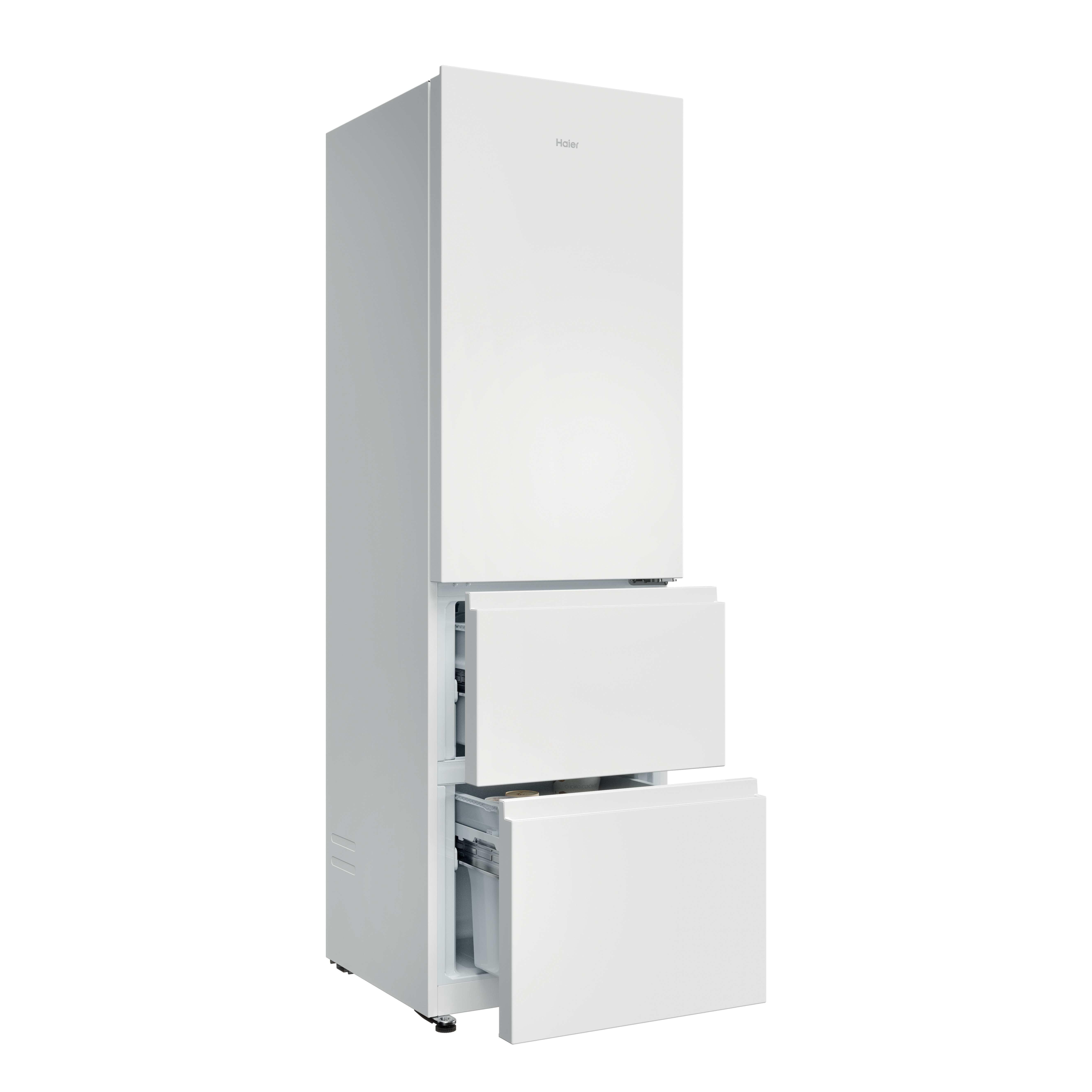 Nevera Haier blanca, dos cajones abiertos. Es un diseño alto, esbelto y moderno.