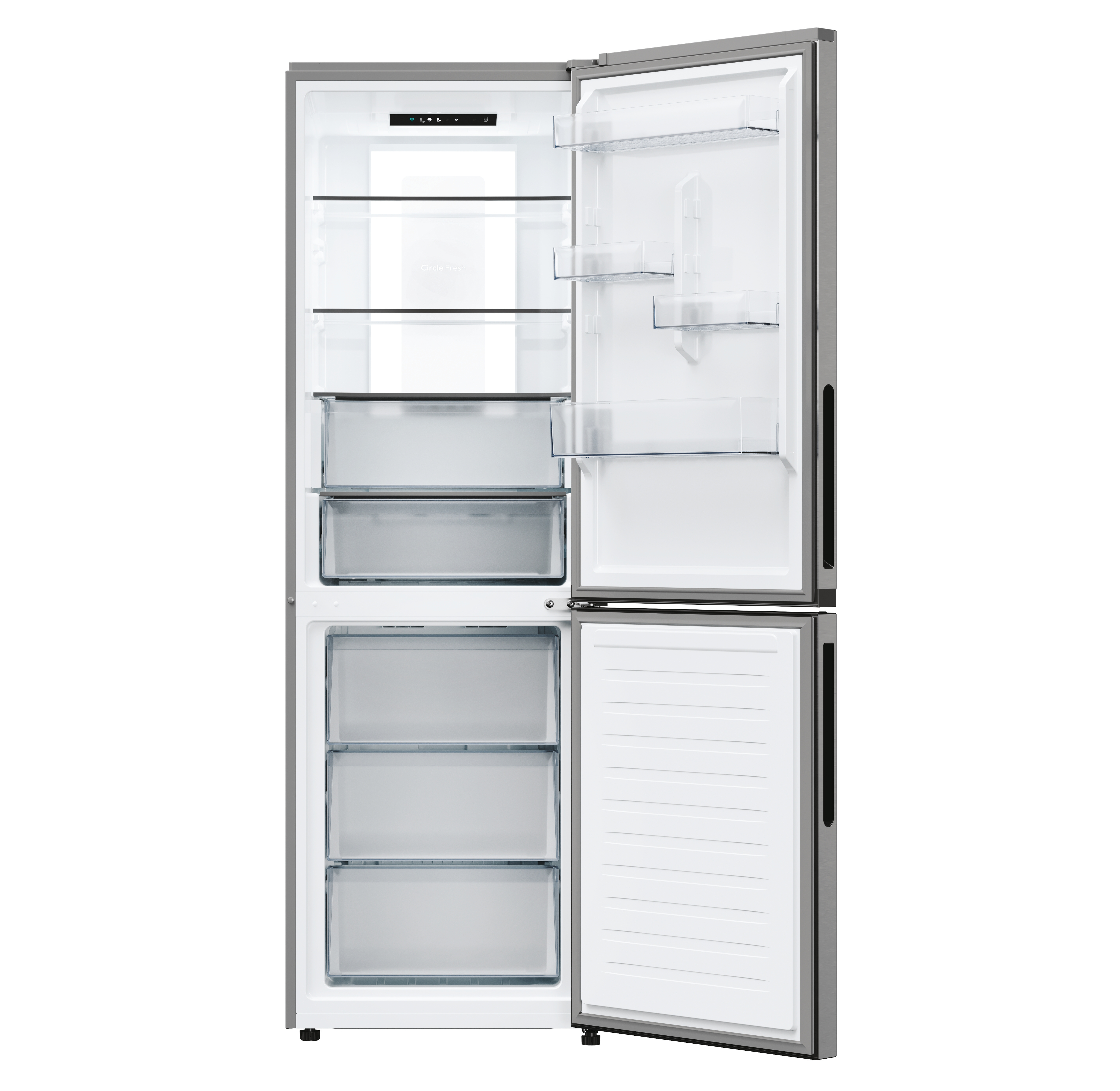 Refrigerador plateado con las puertas abiertas, mostrando estantes y cajones. El interior está vacío.