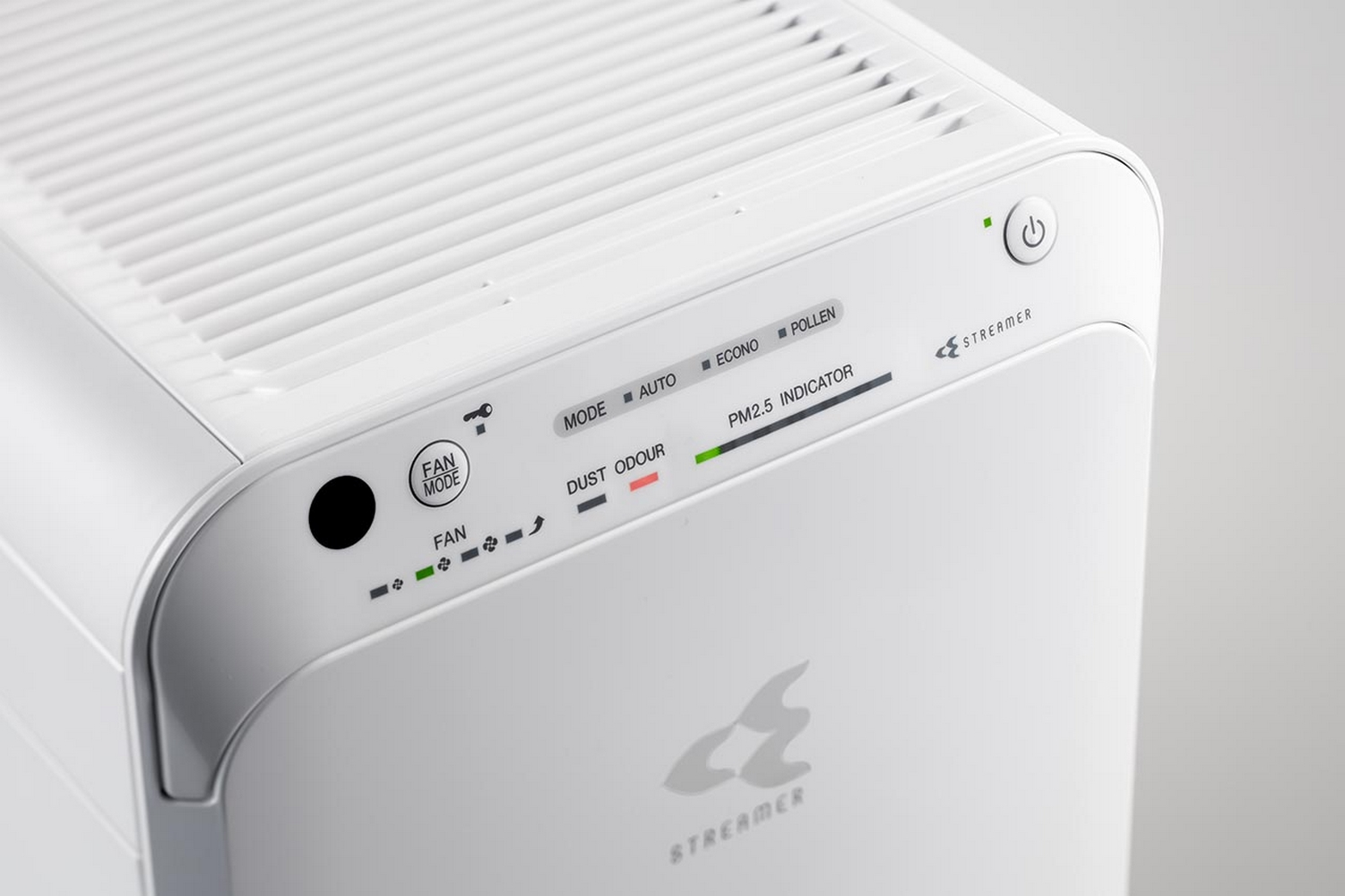 Purificateur d'air blanc avec panneau de commande affichant les réglages du ventilateur et les indicateurs PM2.5.