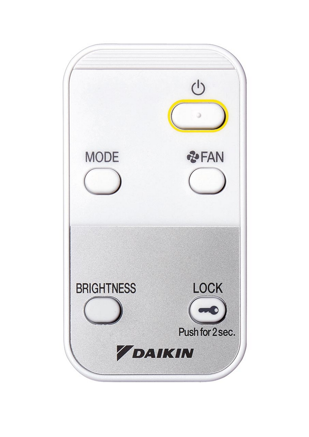 Une télécommande de climatiseur Daikin blanche avec des boutons. Elle est isolée sur fond blanc.