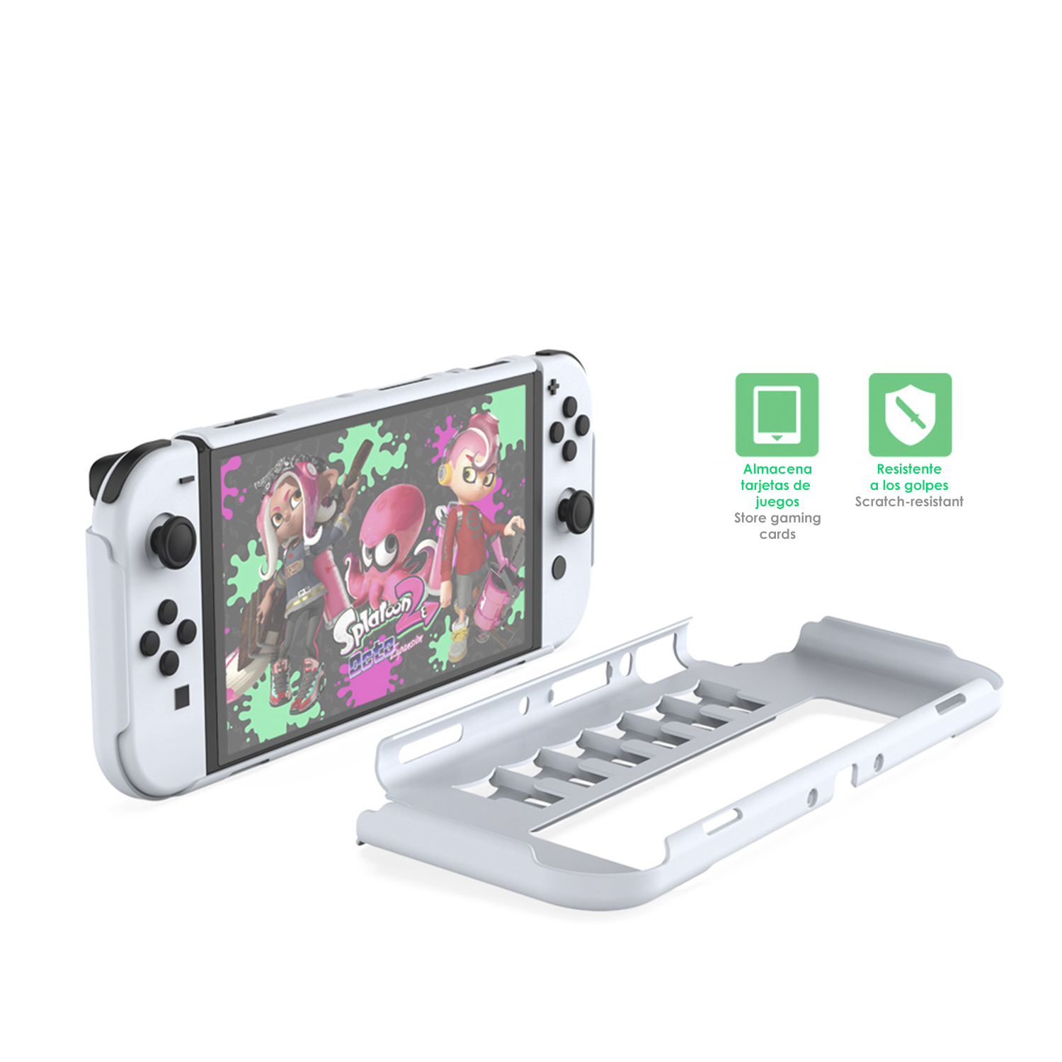 Una Nintendo Switch blanca con una funda blanca. Hay iconos para el almacenamiento de juegos y la resistencia a los arañazos.