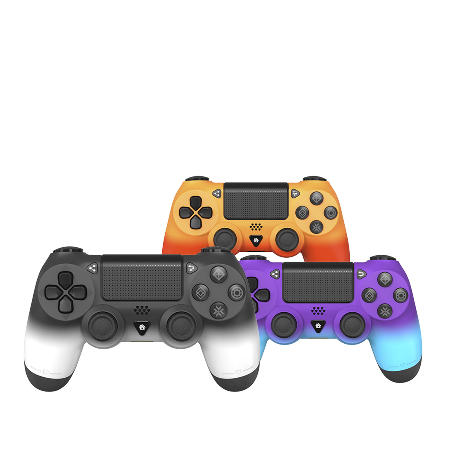 Tre controller di gioco colorati. Uno è arancione, uno viola e uno bianco e nero. Tutti hanno pulsanti.