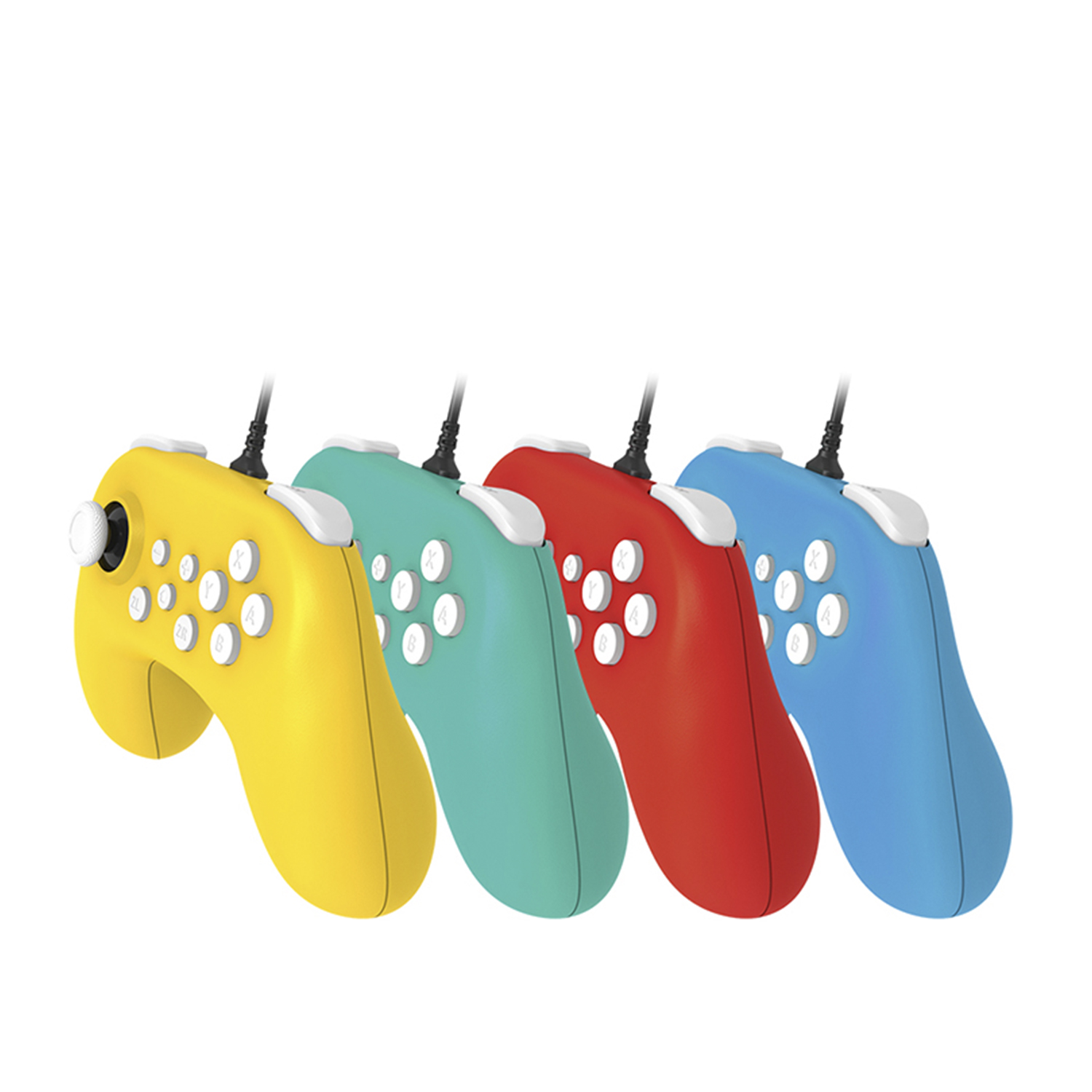 Cuatro mandos de juego, amarillo, verde azulado, rojo y azul, dispuestos en fila. Fondo blanco.