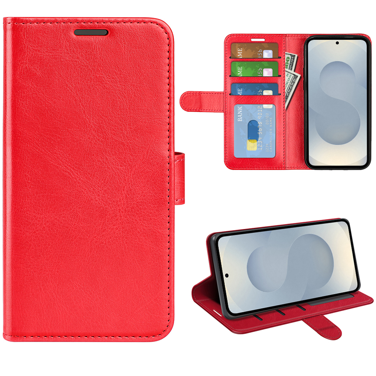 Coque de téléphone rouge avec téléphone à l'intérieur. Multiples vues de l'étui avec cartes. Cuir rouge.