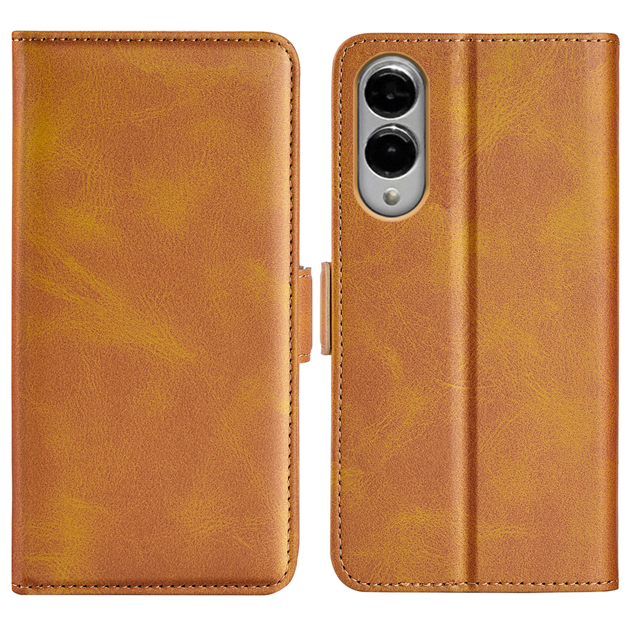 Bruine leren telefoonhoes, open en dicht. Heeft een magnetische sluiting en stiksels.