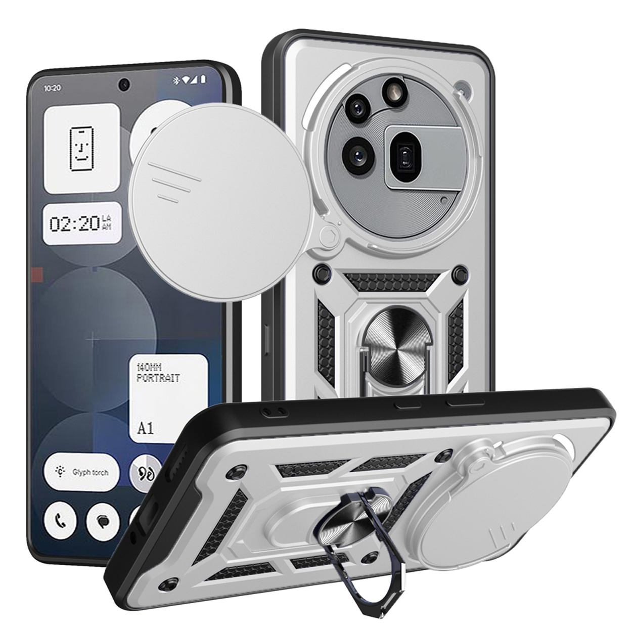 Twee telefoonhoesjes met telefoons. De telefoonhoesjes zijn zilver en zwart. De telefoonschermen staan aan.