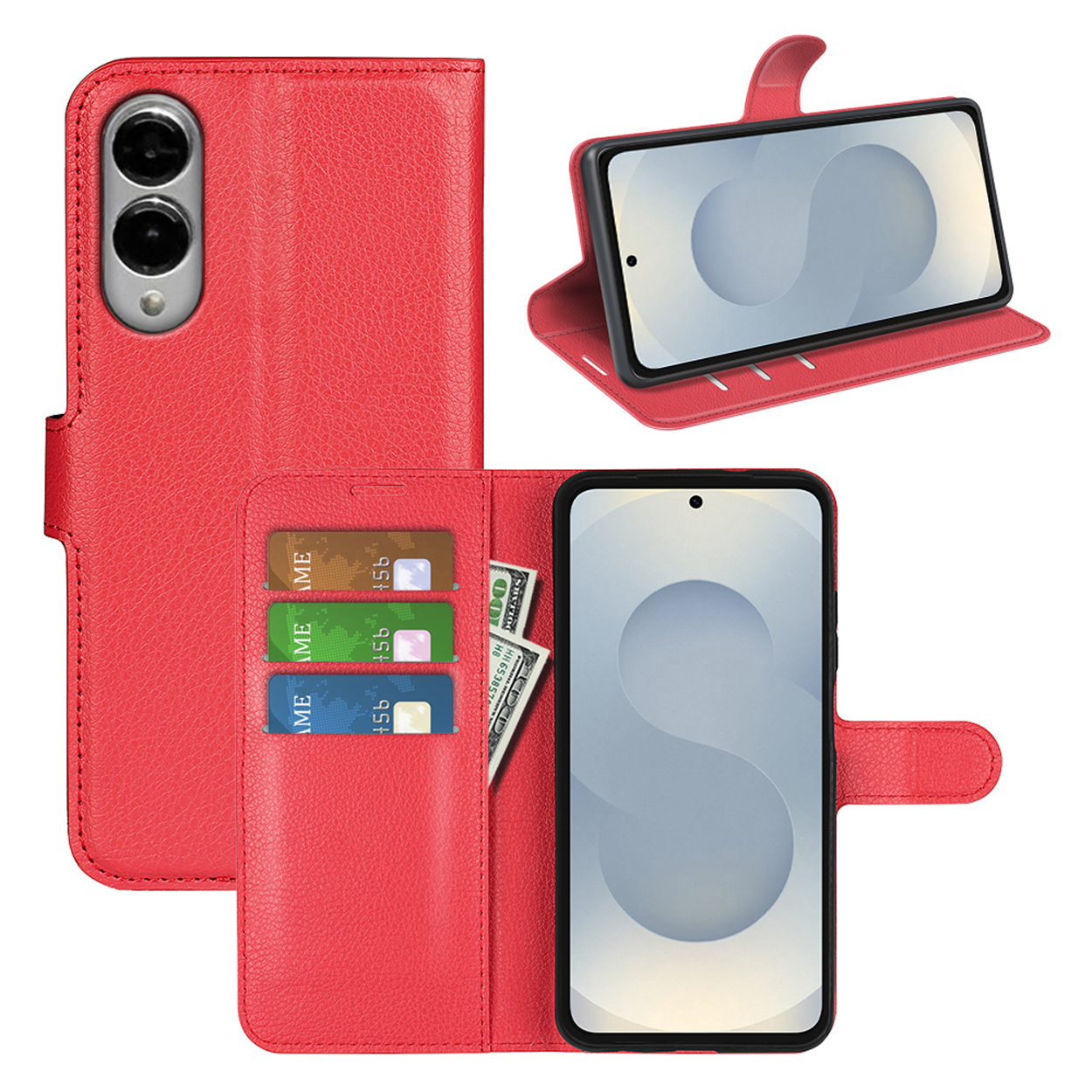 Étui de téléphone rouge avec téléphone à l'intérieur et cartes de crédit dans les fentes, plus vue.