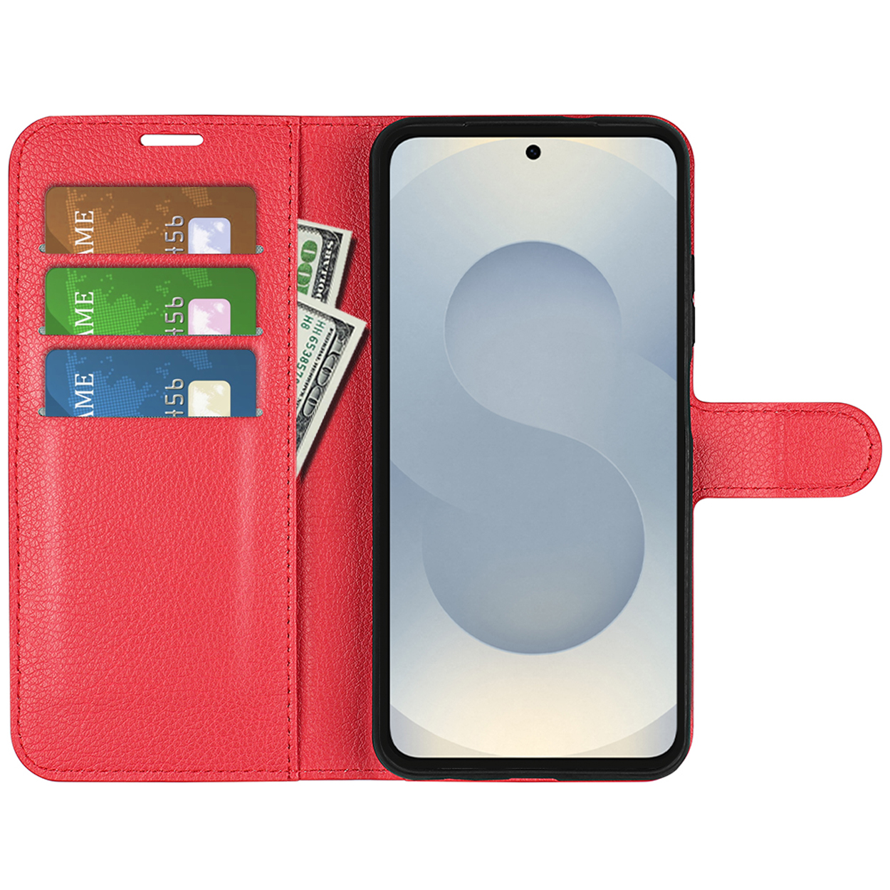 Étui de téléphone rouge. À l'intérieur se trouvent trois cartes et un billet d'un dollar. L'écran du téléphone est visible.