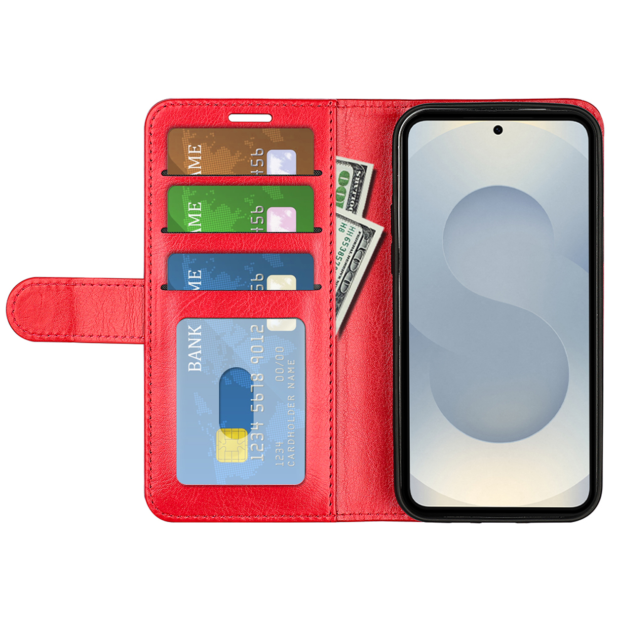 Étui portefeuille rouge contenant des cartes et de l'argent. Un téléphone avec un écran bleu clair est dans l'étui.