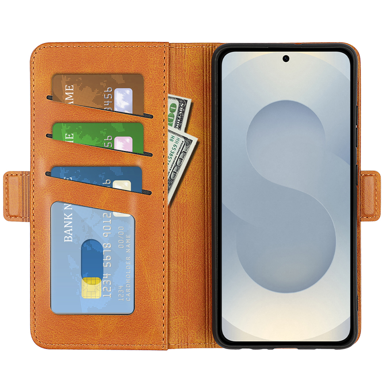 Een bruine leren telefoonportemonnee open, met kaarten, contant geld en een smartphone.