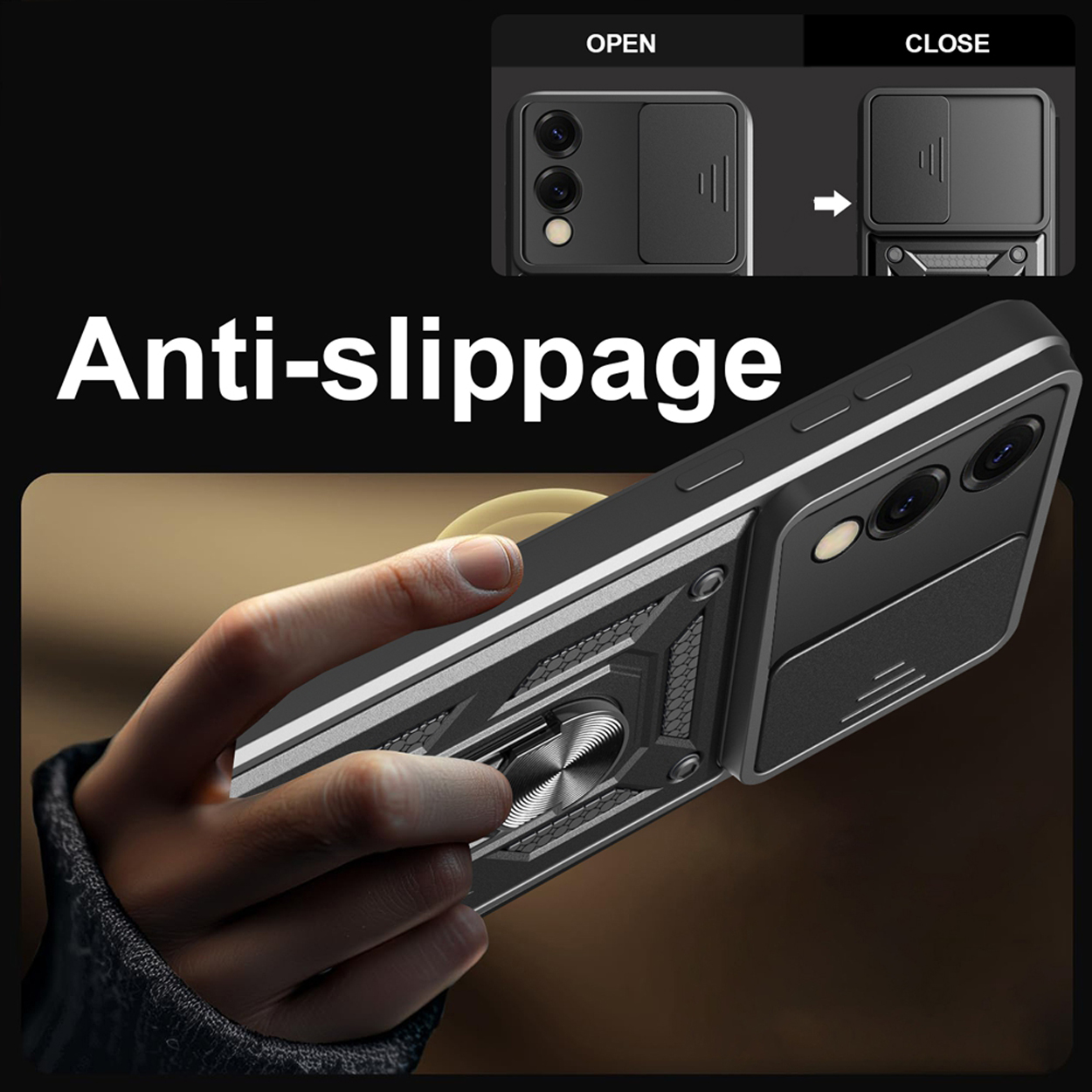 Zwarte telefoonhoes met een schuifbare camerahoes, in de hand gehouden. Tekst: 'Anti-slippen'.