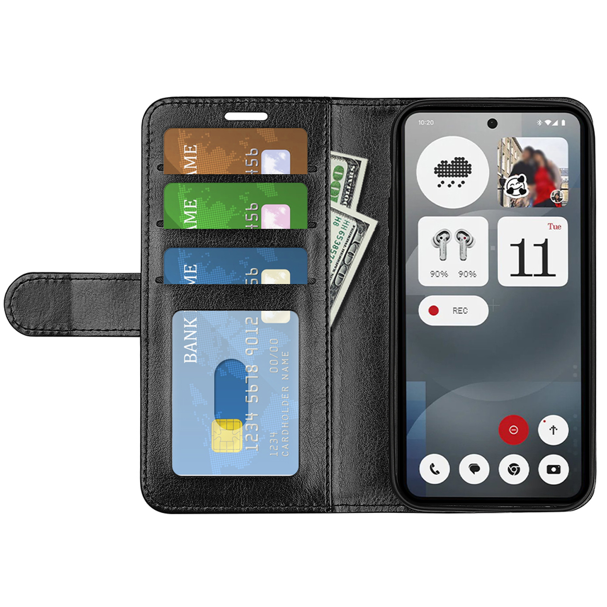 Zwarte leren telefoonhoes met kaarten en geld, telefoon met widgets en camera.