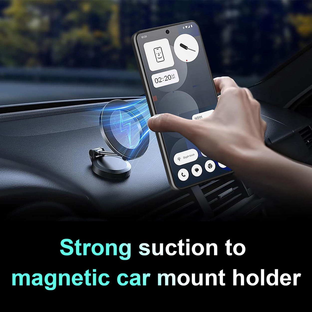 Een smartphone gemonteerd op een magnetische autohouder. Het scherm toont de tijd en een draaiknop.