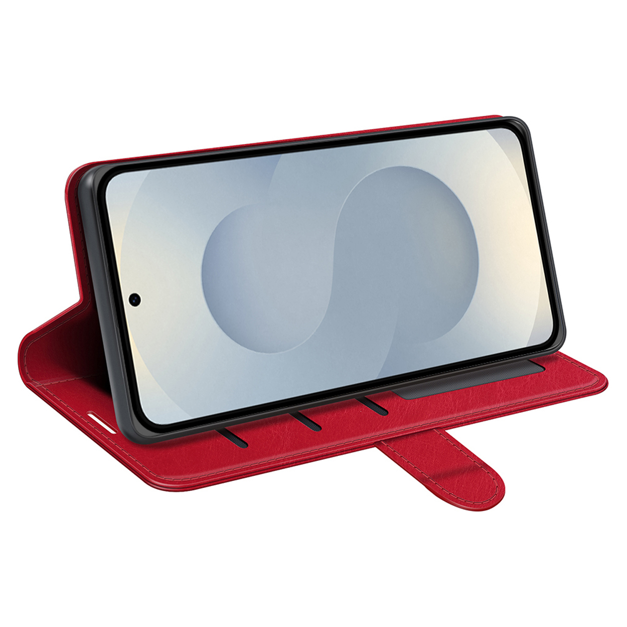 Étui de téléphone rouge ouvert. L'écran du téléphone est visible. Il y a une sangle qui ferme l'étui du téléphone.