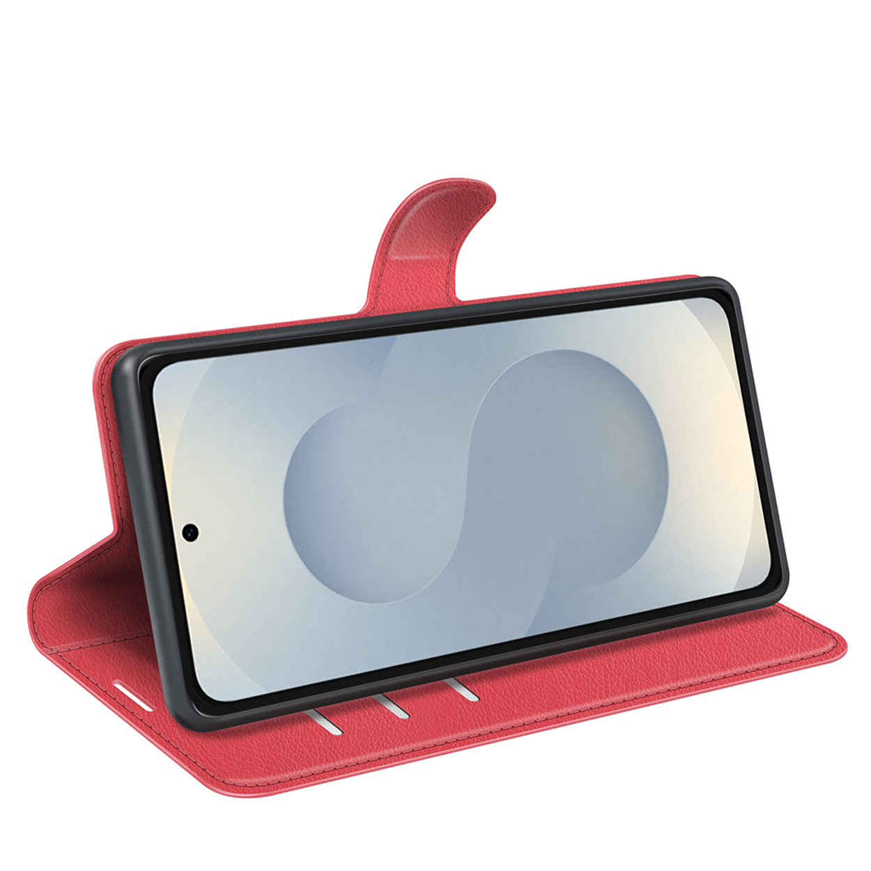 Un étui de téléphone rouge, ouvert, avec un téléphone à l'intérieur et un écran vide.