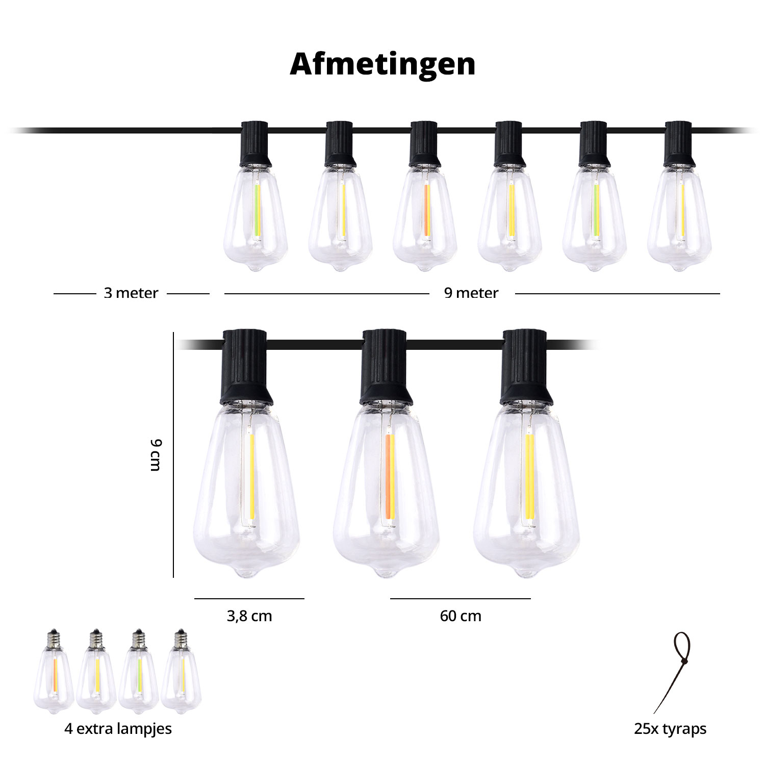 Slinger met heldere, lampvormige lampen. Afmetingen worden verstrekt. Extra lampen aanwezig.