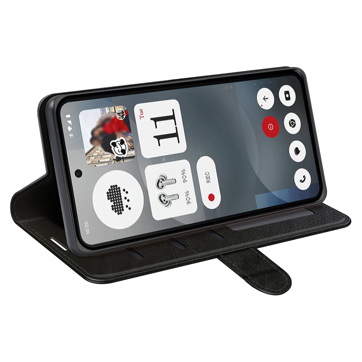 Zwarte telefoon in een stand-up hoesje. Scherm toont een kalenderwidget, koptelefoon en opname-indicator.