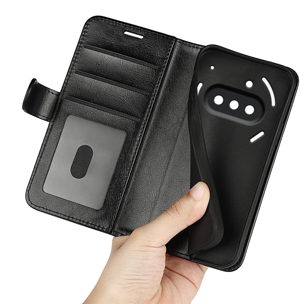 Een zwarte telefoonhoes met een telefoon erin, met kaartsleuven en een magnetische sluiting.