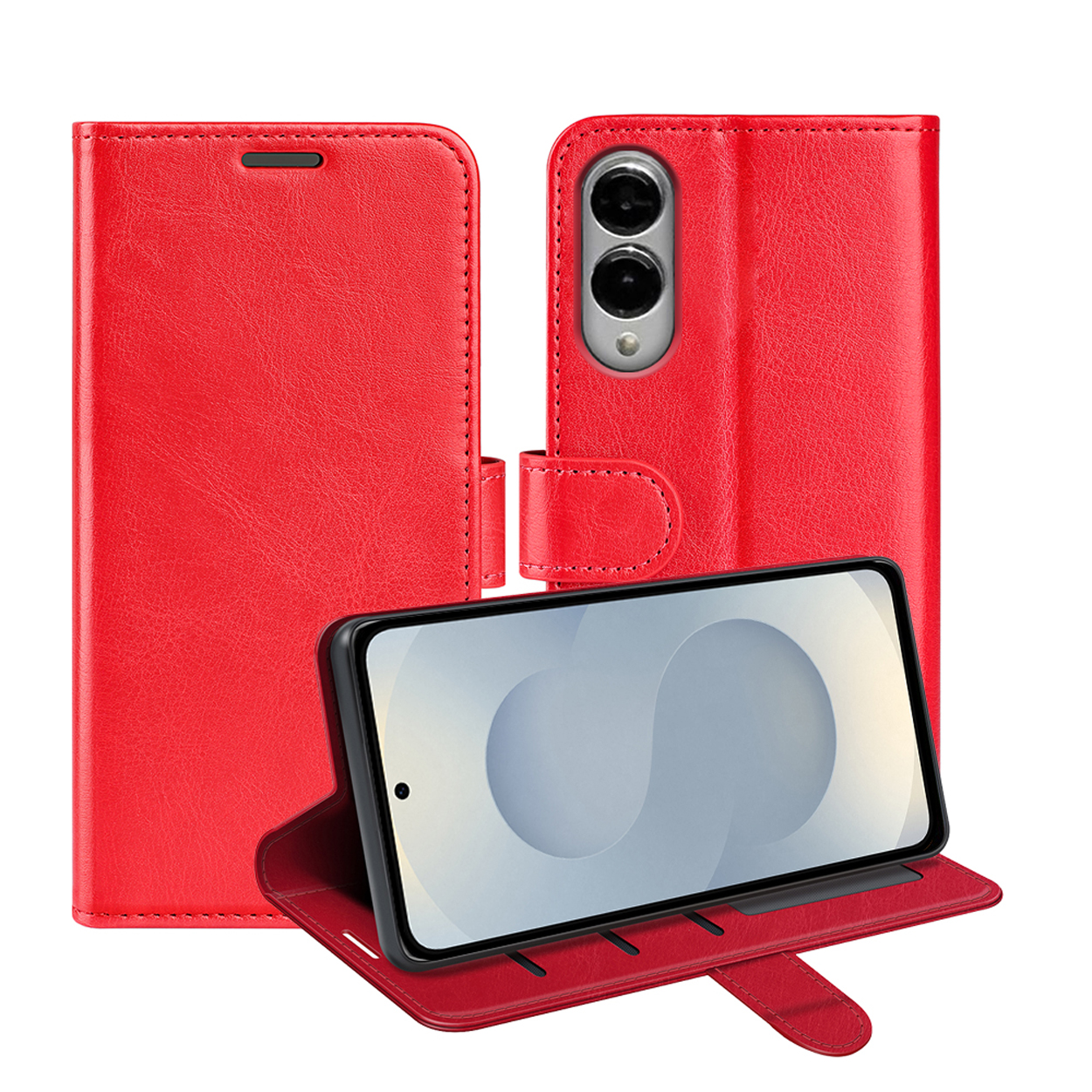 Étui de téléphone rouge avec un téléphone à l'intérieur, sur fond blanc.