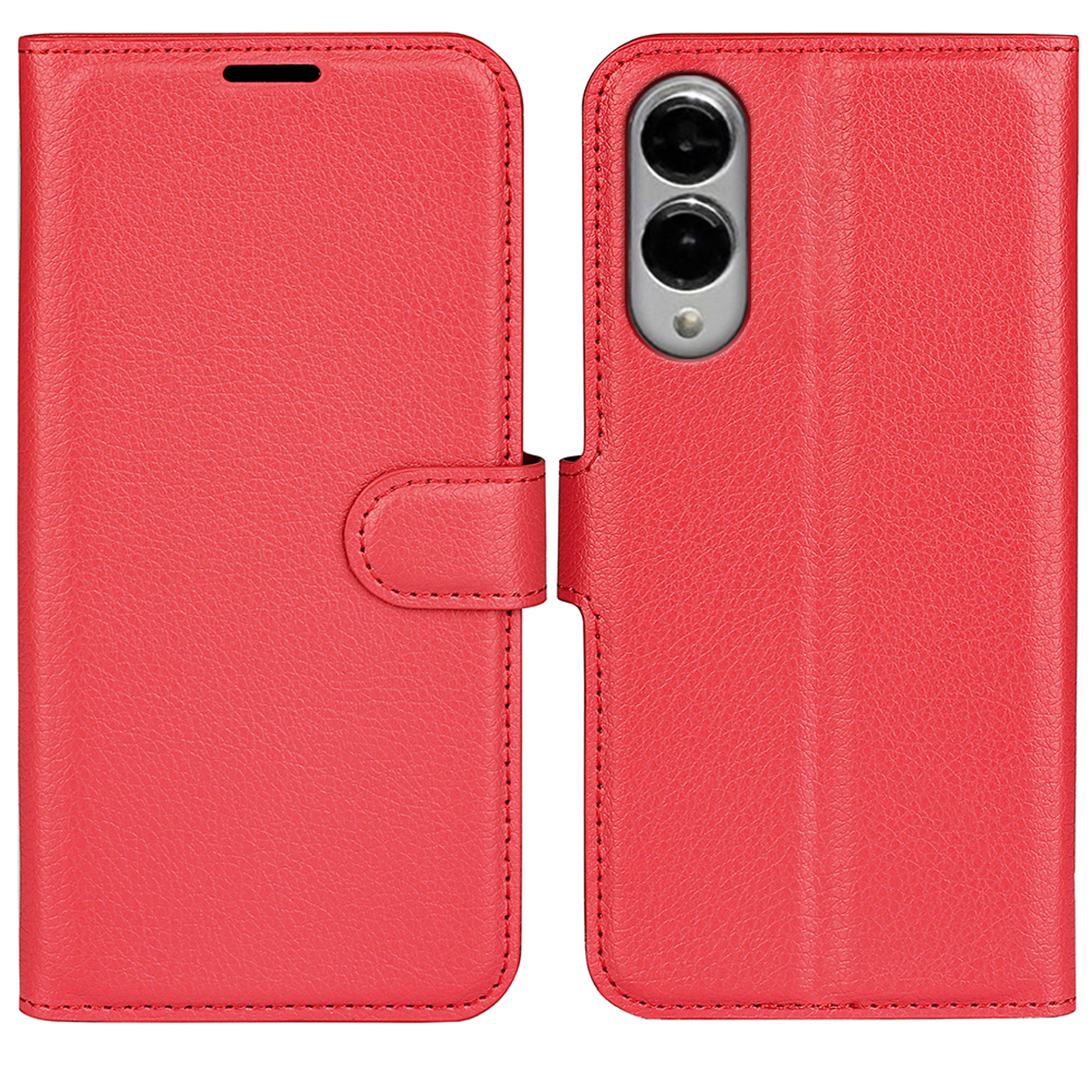 Étui de téléphone en cuir rouge, ouvert. Un téléphone est visible à l'intérieur.