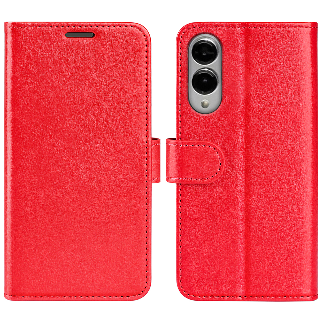 Une coque de téléphone rouge, fermée et ouverte. Elle possède une fermeture magnétique.