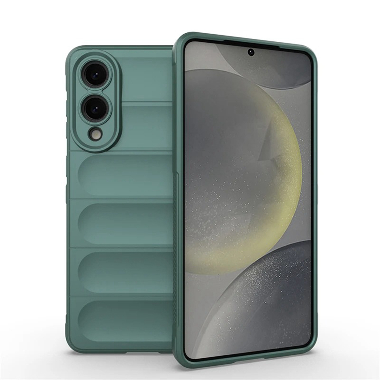 Twee teal telefoonhoesjes, één open met een telefoon erin, en de andere gesloten.