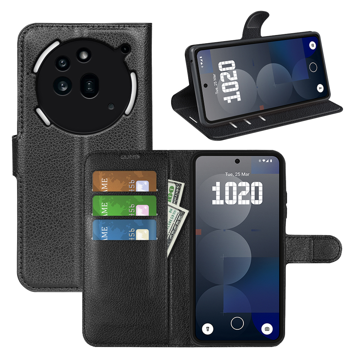 Zwarte telefoon met camera, in een open hoesje. Andere hoes, met kaarten en geld. Scherm toont tijd.