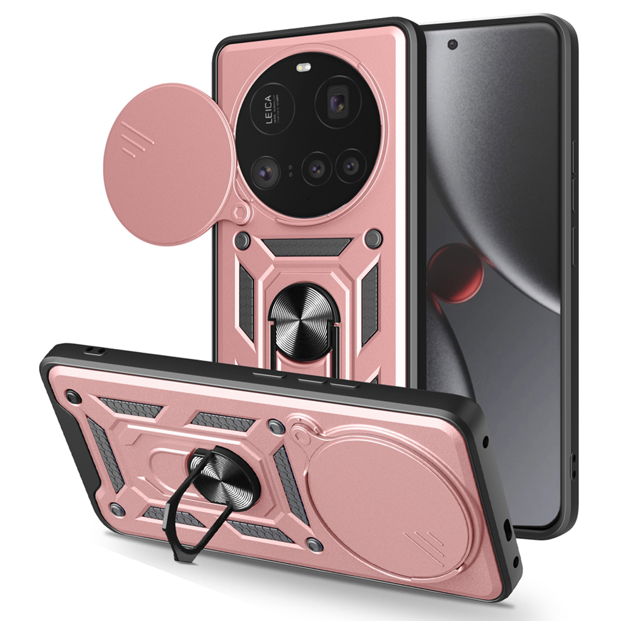 Coque de téléphone rose gold avec couvercle et anneau. Trois caméras sont visibles.