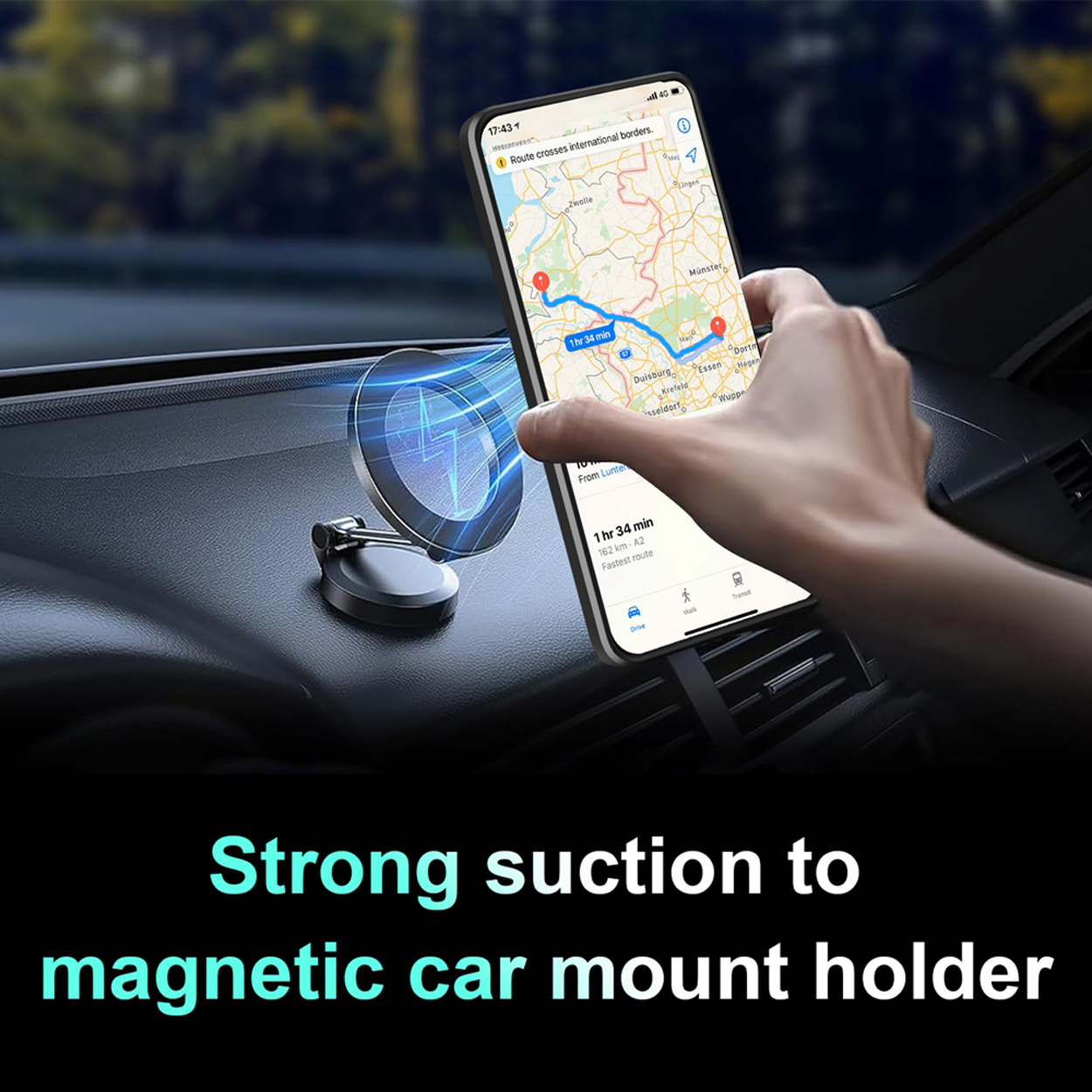 Telefoon met kaartscherm op magnetische autohouder. Dashboard zichtbaar. Tekst: Sterke zuiging.