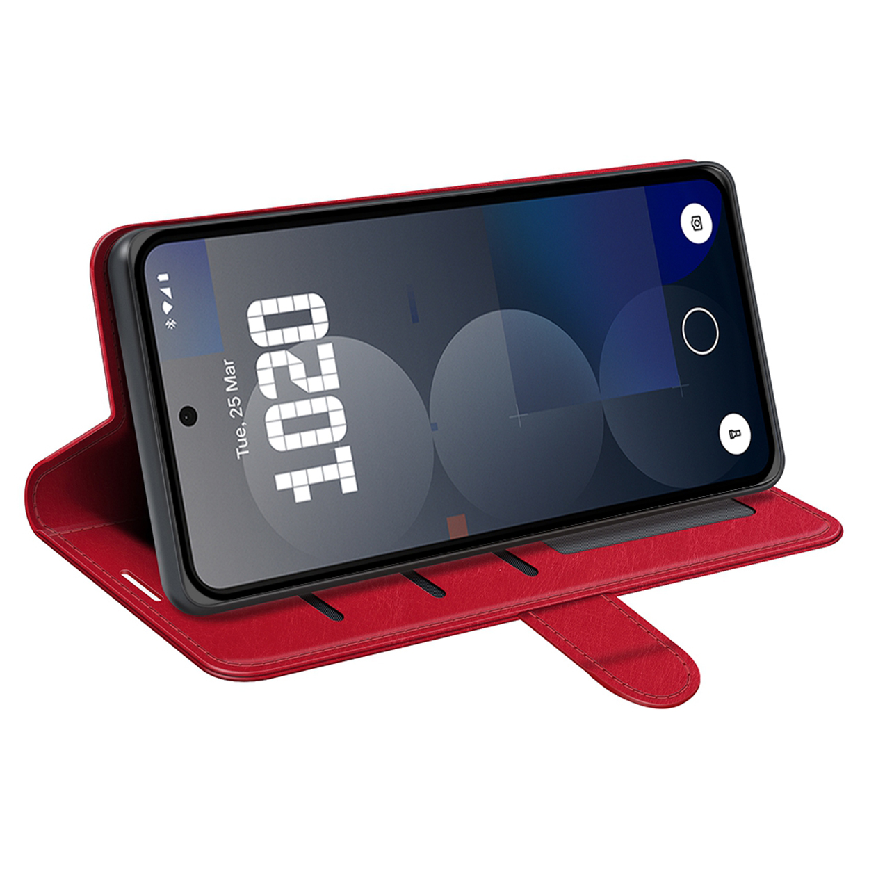 Een rode telefoonhoes met een telefoon. Het scherm toont de tijd en de camera-interface.