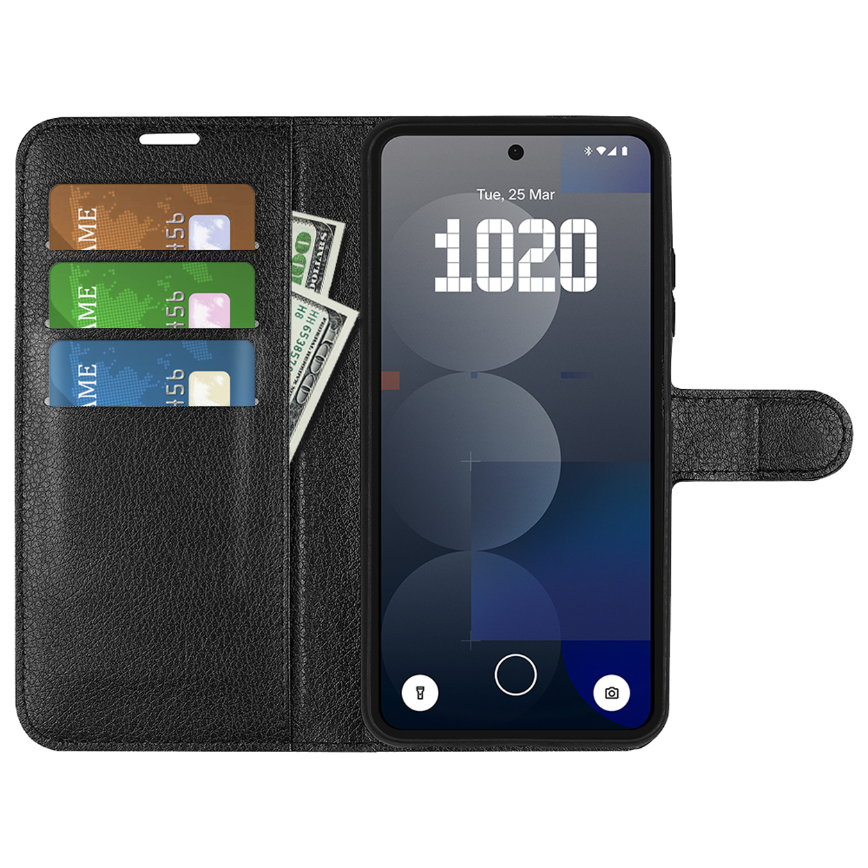 Telefoon in een zwarte leren portemonnee, met creditcards en contant geld zichtbaar.