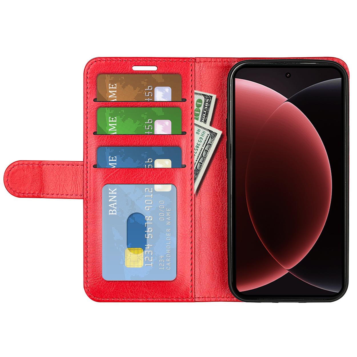 Open rode portemonnee met kaarten en geld, en een telefoon.