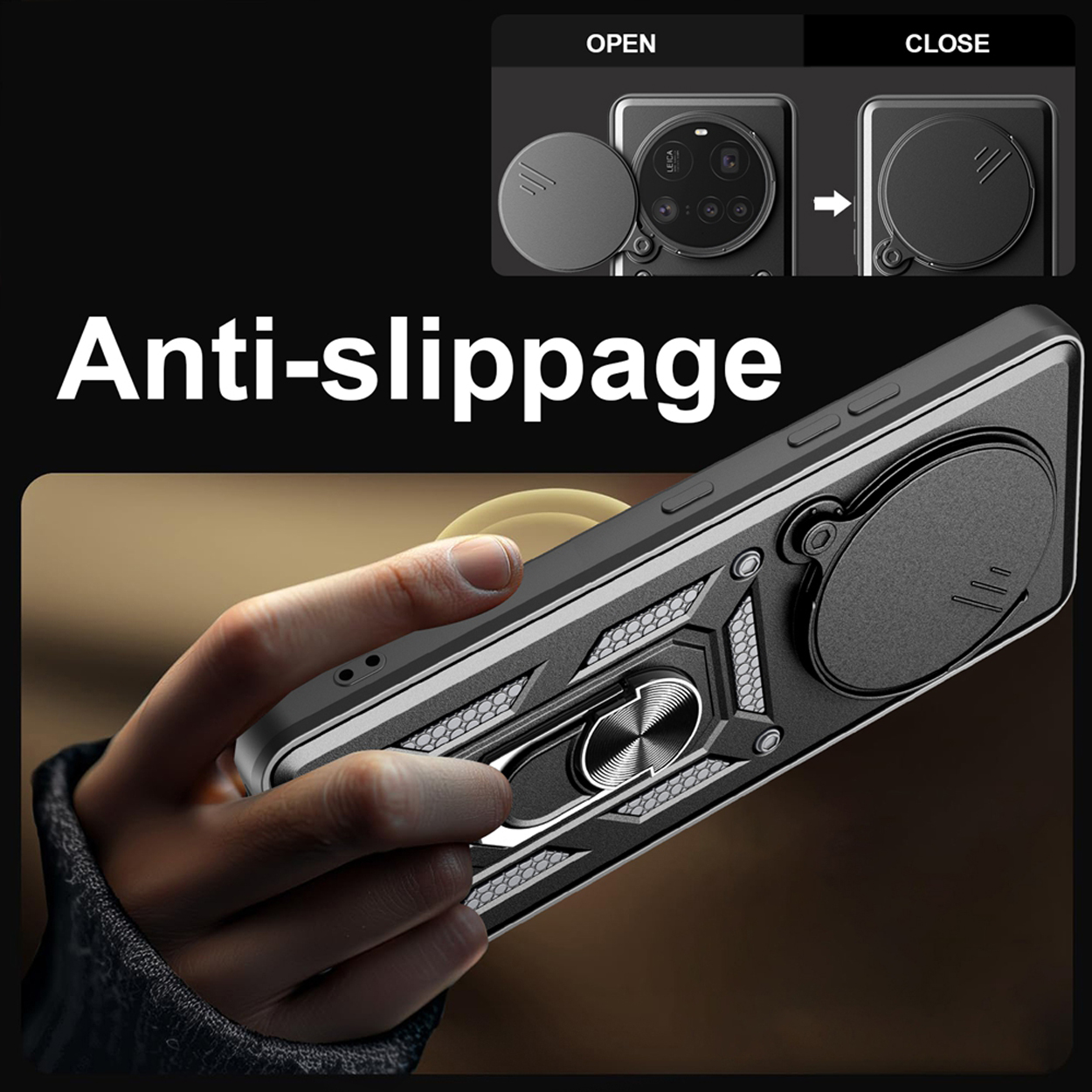 Hand die een telefoon vasthoudt met een antisliphoesje. Zwarte hoes met zilveren ring. Zwarte achtergrond.