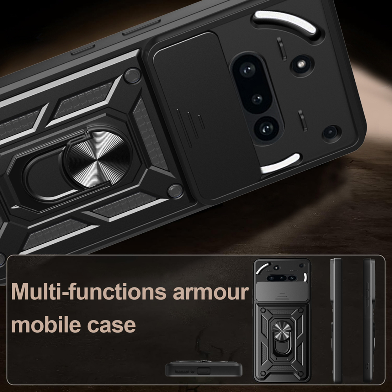 Een zwarte mobiele telefoonhoes, met een schuifbare camerahoes en een ringstandaard, schuin op een donkere ondergrond.