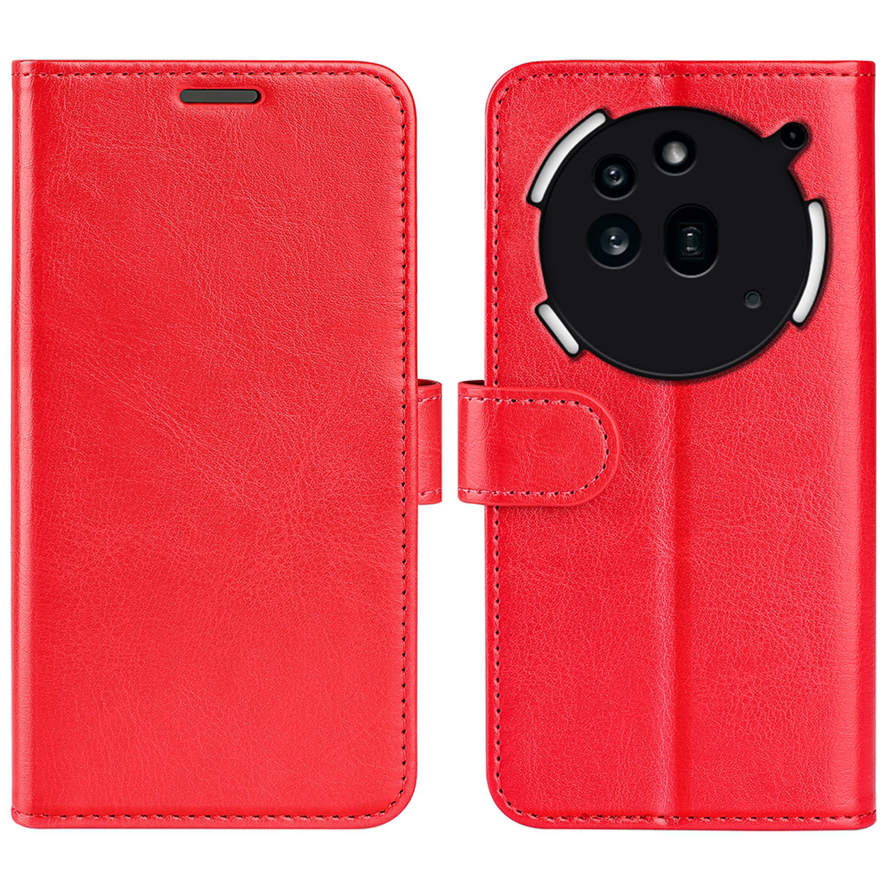 Rode leren telefoonhoes, open en dicht, toont camera en sluiting.