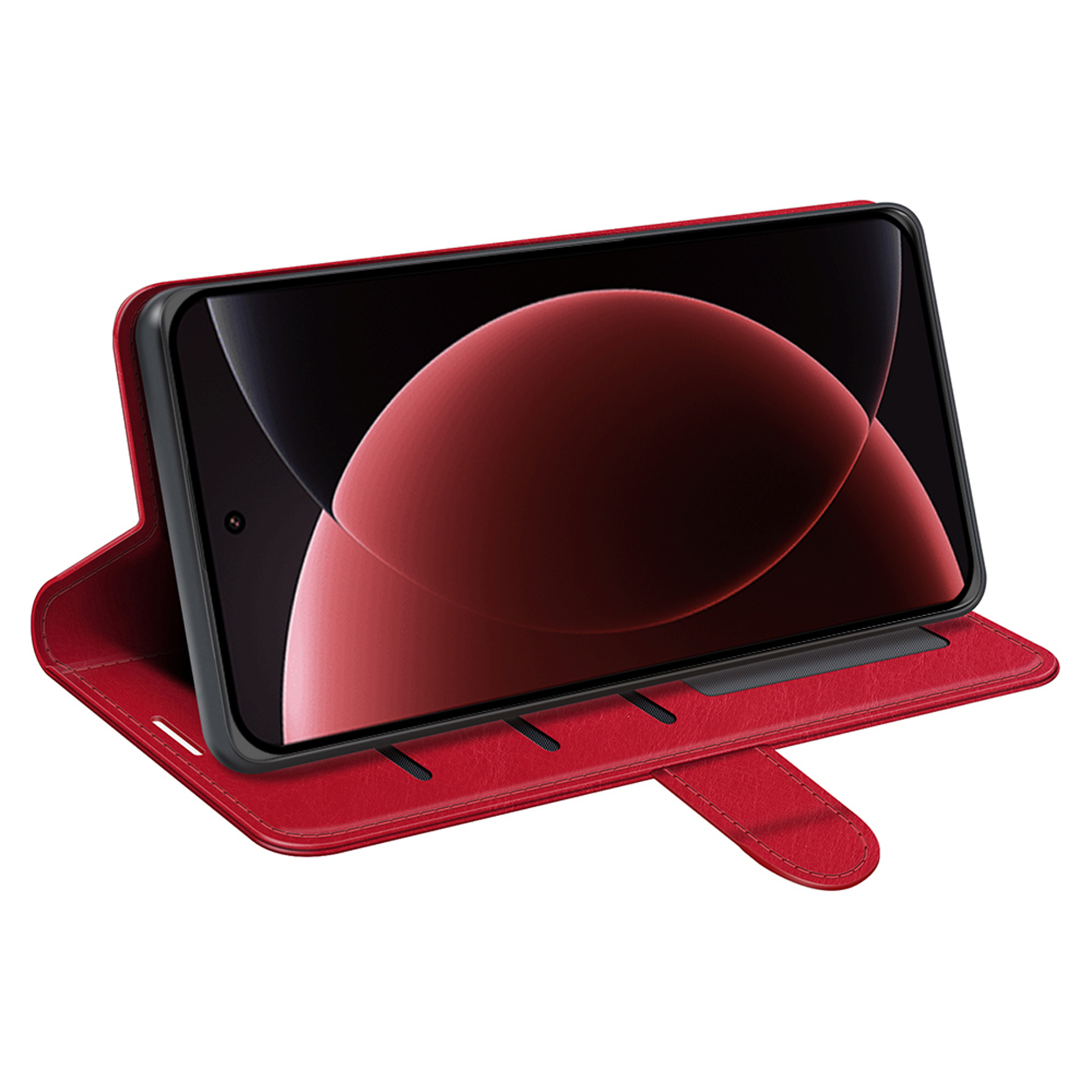 Een rode telefoon in een rode hoes. Het scherm toont een abstracte rode cirkel.
