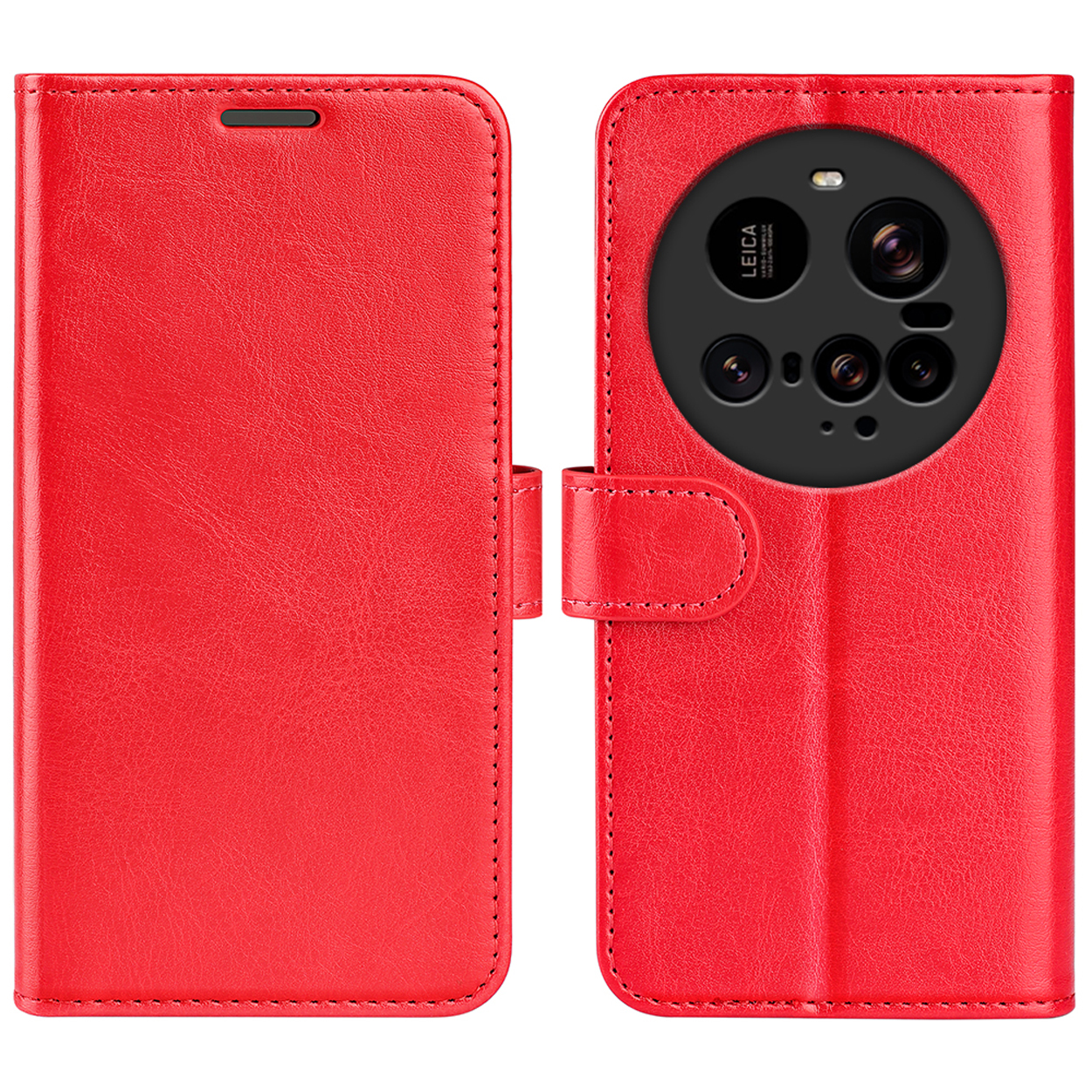 Rode leren telefoonhoes, open en dicht. De achterkant heeft meerdere cameralenzen.