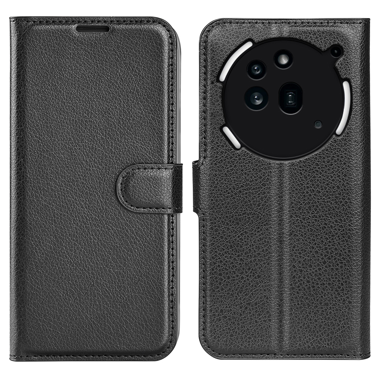 Zwarte leren telefoonhoes open, met een zwarte telefoon. De hoes heeft een knop.