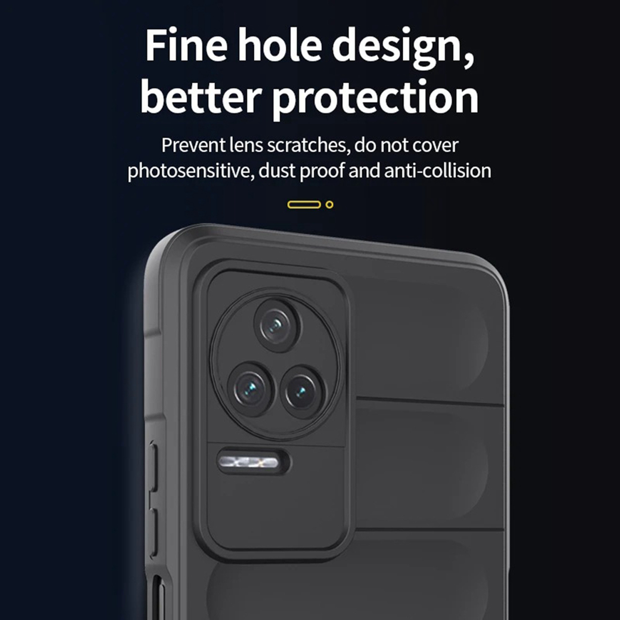 Close-up van een zwarte telefoonhoes met een drievoudig camera-ontwerp. Tekst: 'Fine hole design, better protection'.
