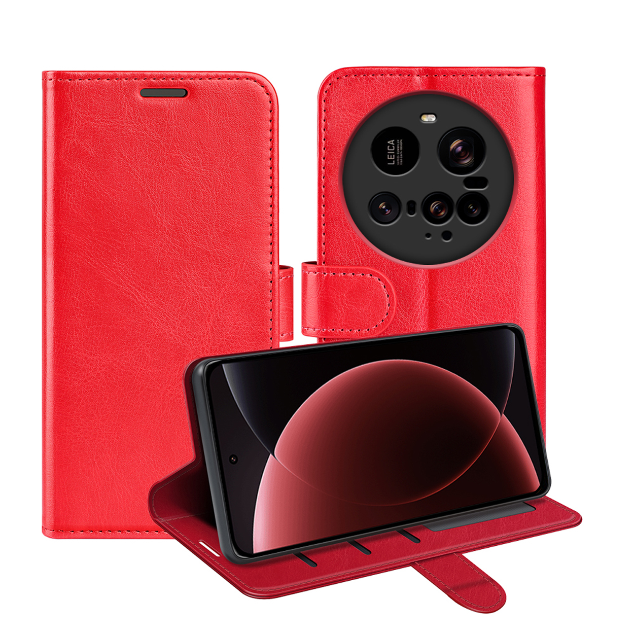 Een rode telefoonhoes, open, met een telefoon erin. De telefoon heeft een cameramodule.