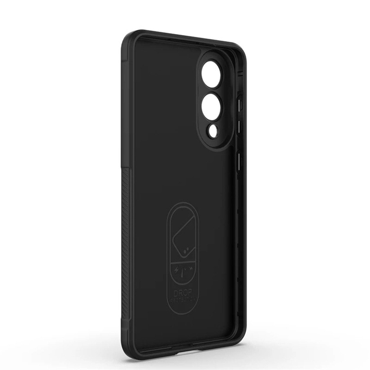 Een zwarte telefoonhoes. Hij is vanbinnen leeg met een beschermend ontwerp en een pictogram voor valbescherming.