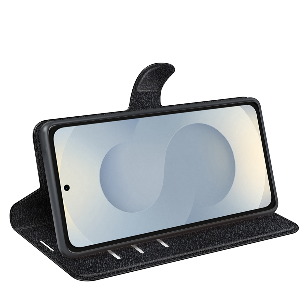 Smartphone in een zwarte, lederachtige hoes, opengeklapt, toont het scherm.