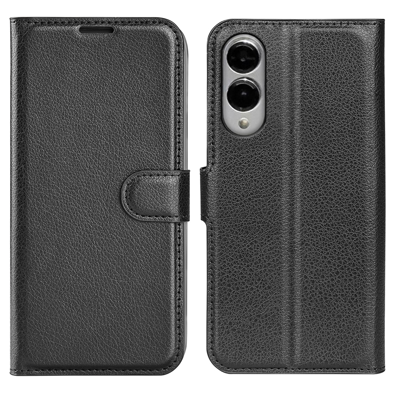Zwarte leren telefoonhoesportemonnee open, met een zwarte telefoon. De hoes heeft een knop.