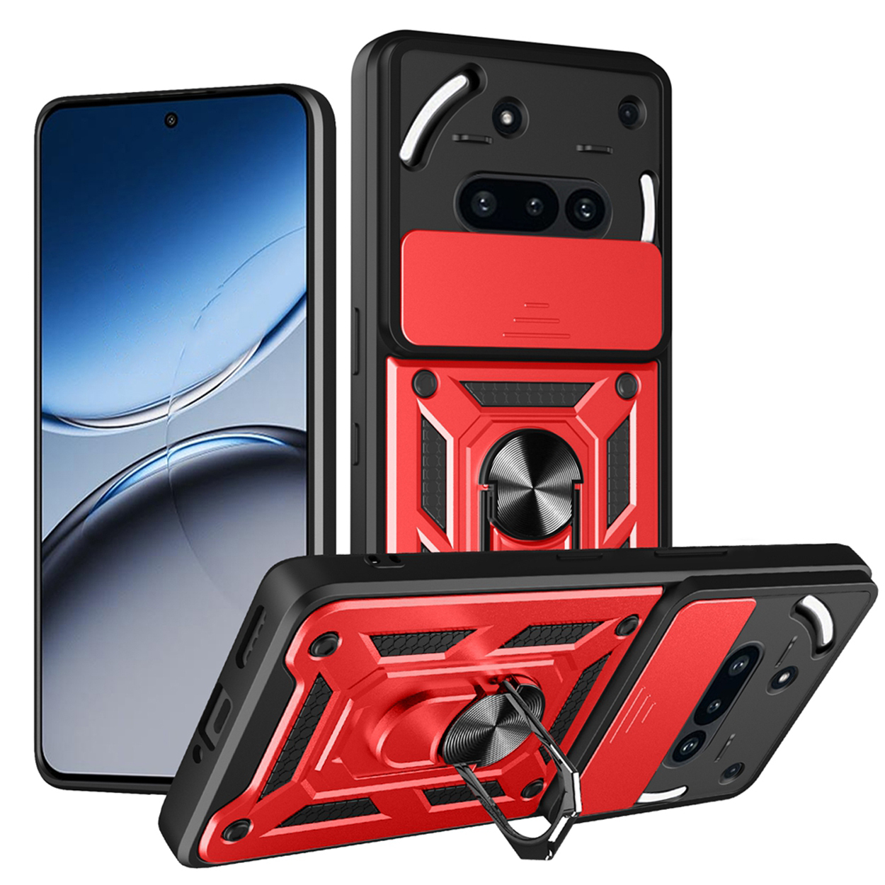 Een rood-zwarte telefoonhoes met een ringstandaard. Drie hoeken van de hoes worden getoond, waarbij het ontwerp wordt benadrukt.