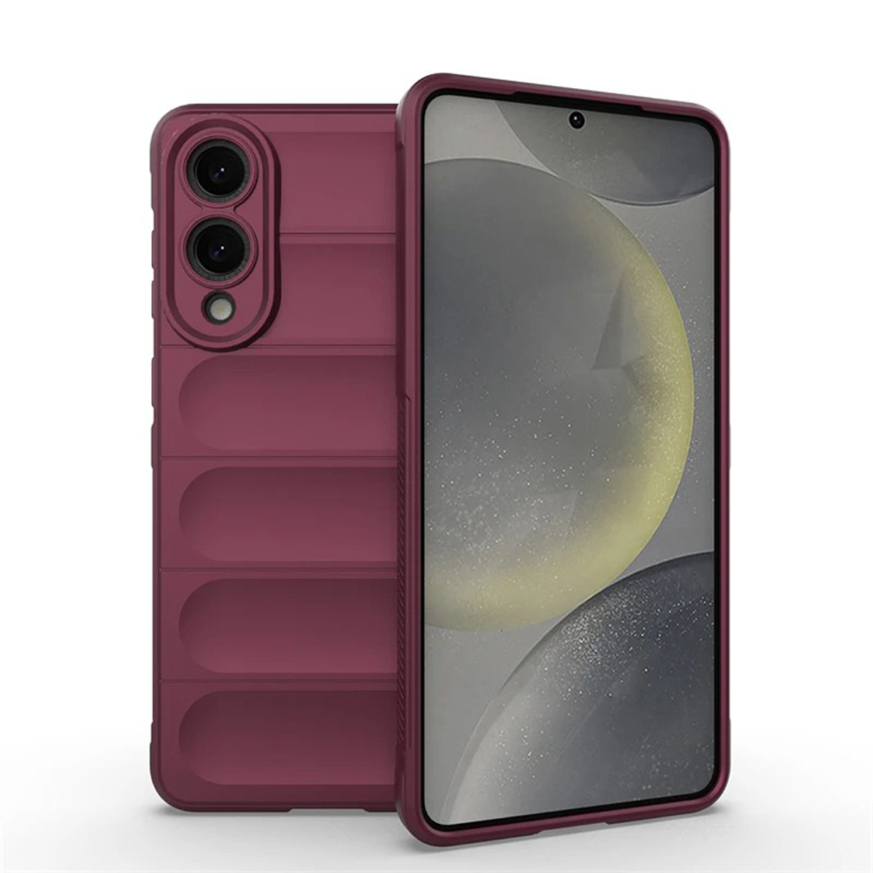 Een bordeauxrode telefoonhoes met een geribbeld ontwerp en twee secties, die de achter- en voorkant tonen.